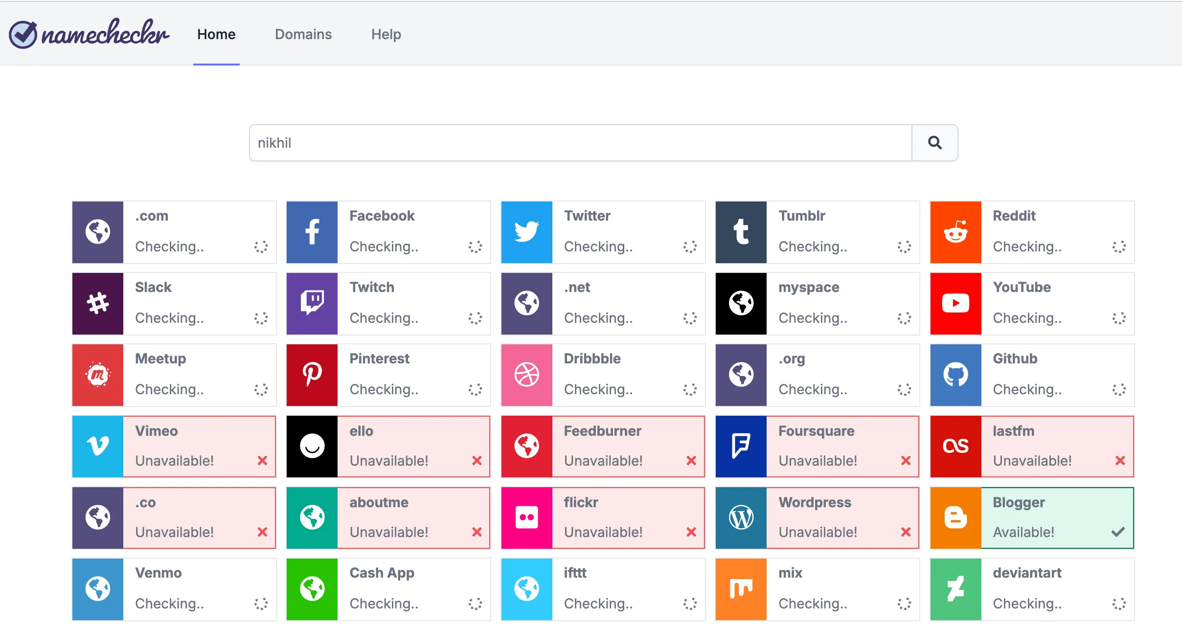 Screenshot of a website called Namecheckr which checks social media names