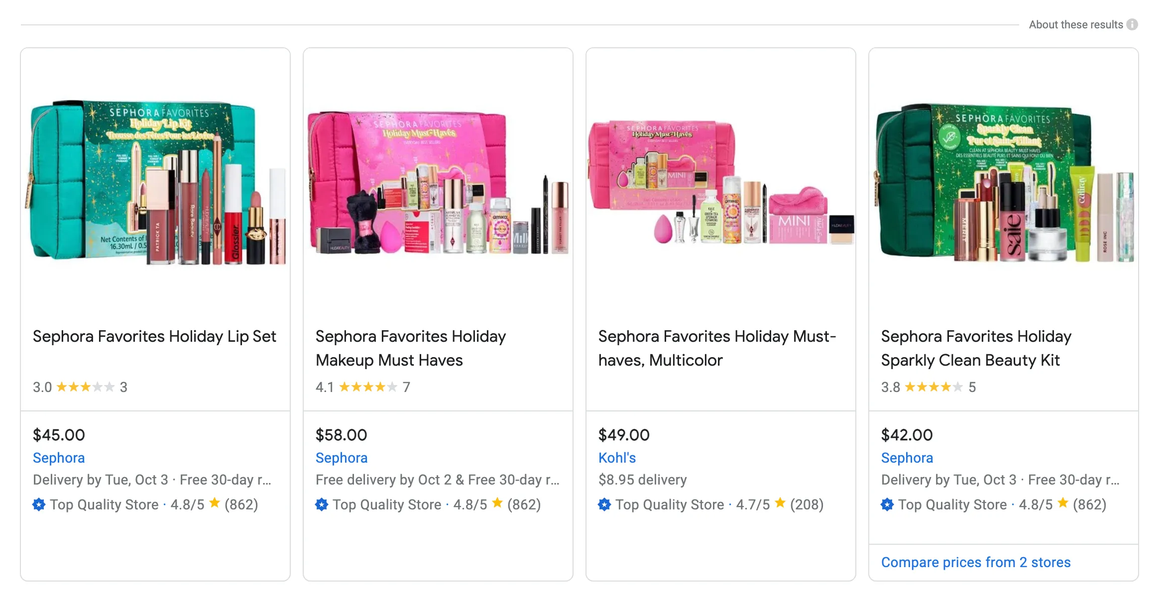 A Screenshot showing Google Shopping page under the free plan with some products that are of beauty products