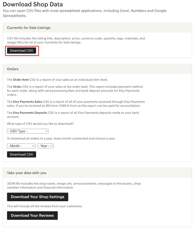 Image from the Download Shop Data page on Etsy platform with the Download CSV button highlighted in a red box